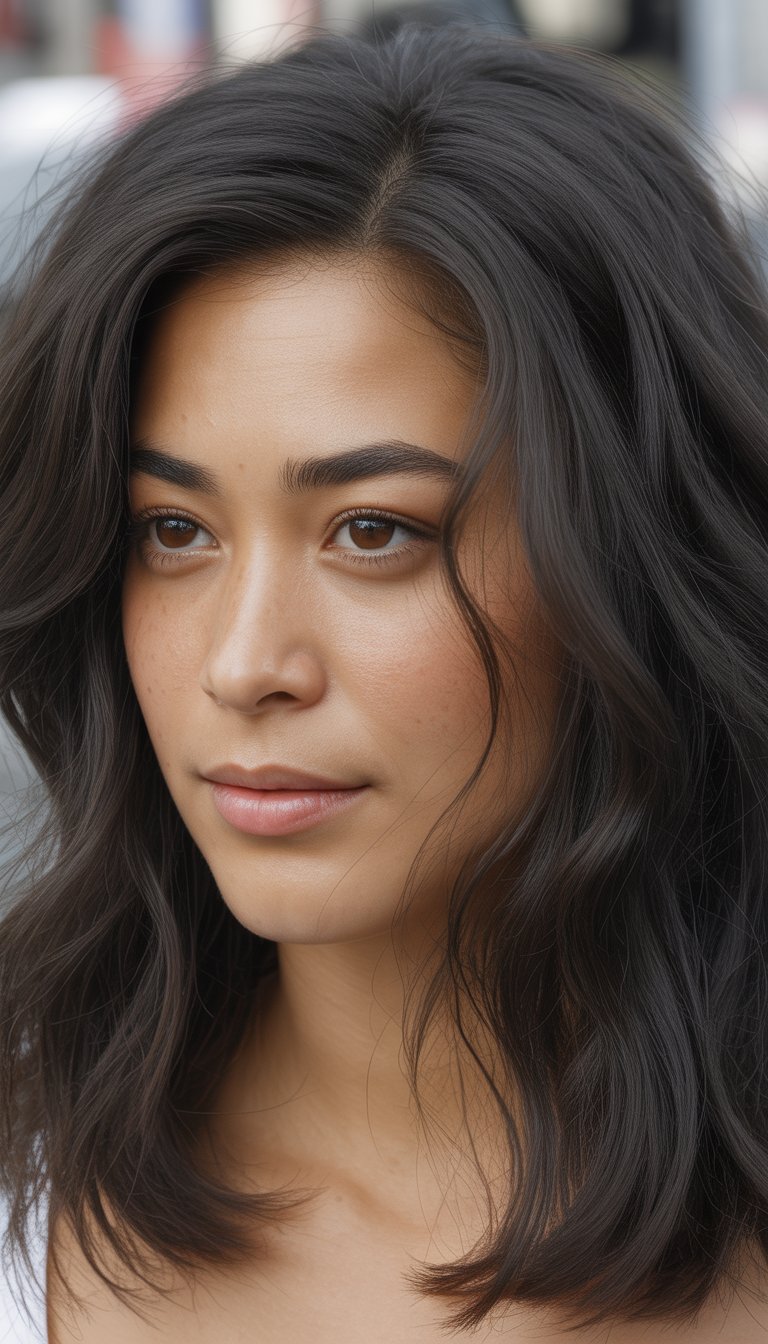 Portrait of a woman with dark hair and natural skin tone, sitting in front of a softly blurred background.