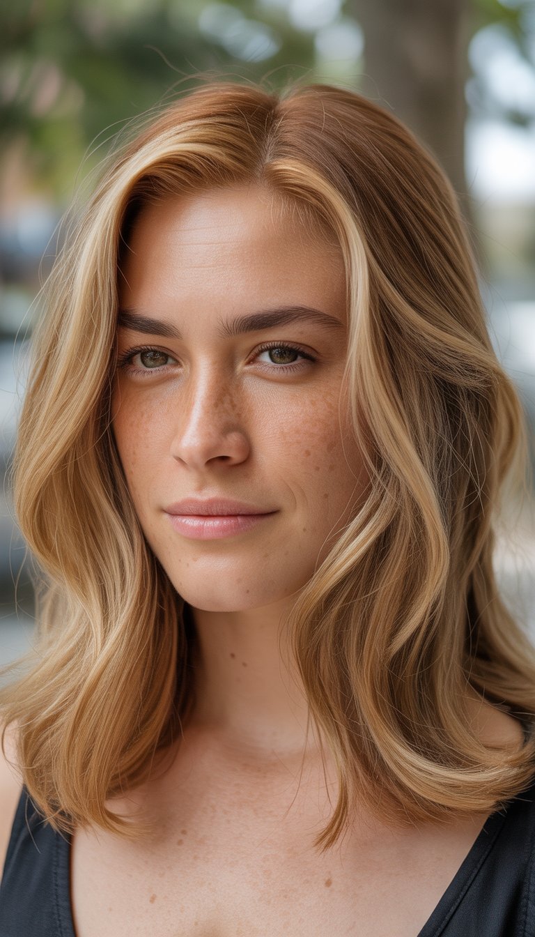 A 30-year-old woman with sandy blonde shoulder-length hair standing in soft natural light with a blurred background.