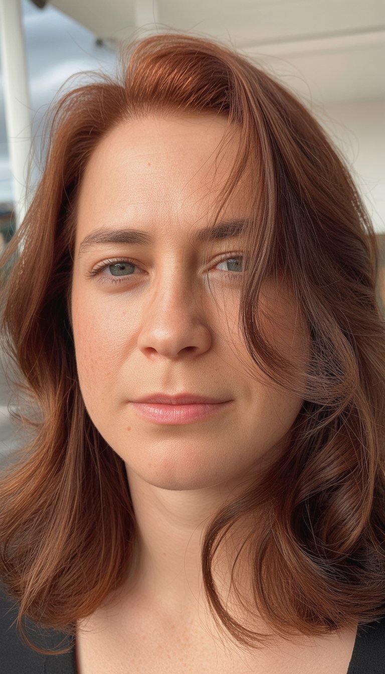 A close-up photo of a woman with shoulder-length reddish brown hair and natural skin, against a softly blurred background.