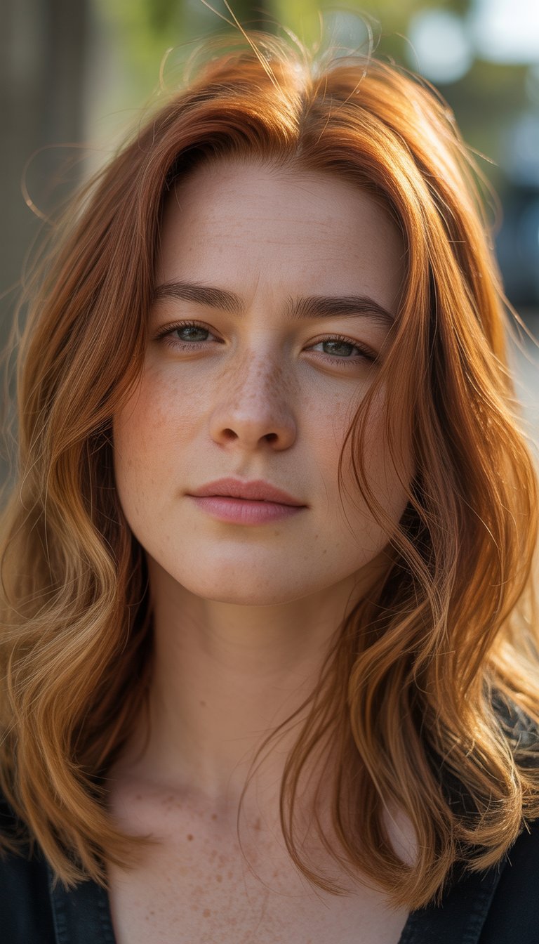 A woman with warm amber-colored hair looking slightly to the side, with a softly blurred background.