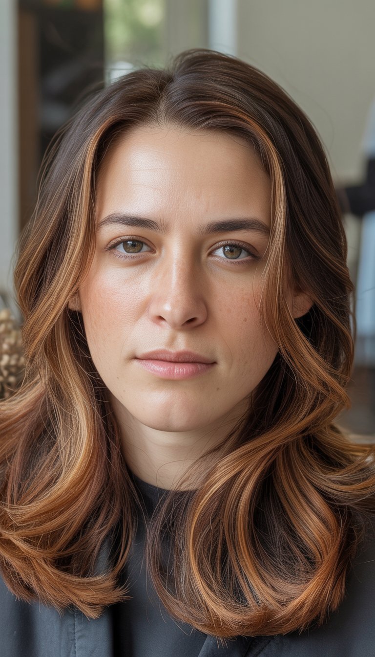 Portrait of a woman with brunette and cinnamon highlighted hair against a softly blurred background.