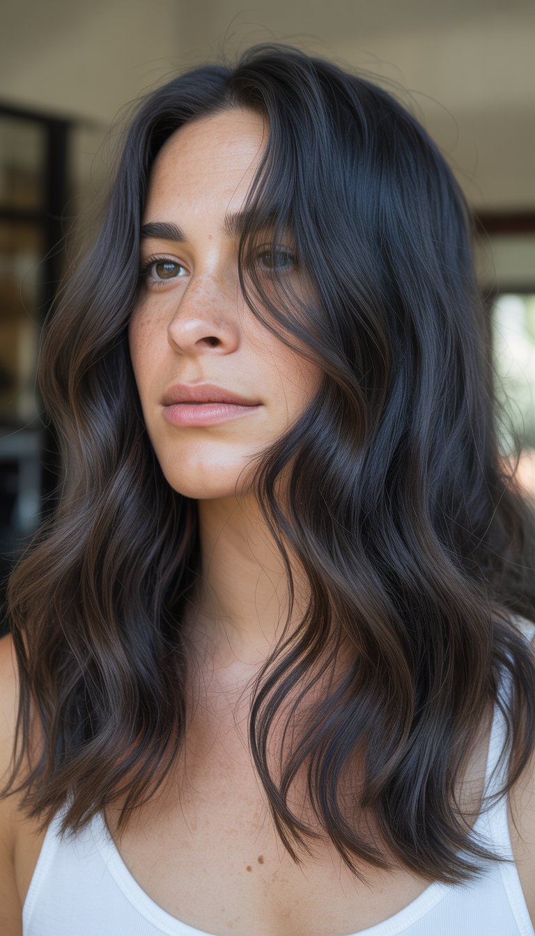A woman in her 30s with navy black tinted hair, photographed in natural light with a softly blurred background.