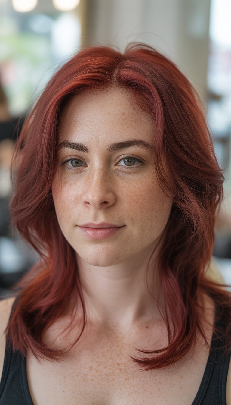 A woman with cranberry red hair photographed indoors with a softly blurred background.