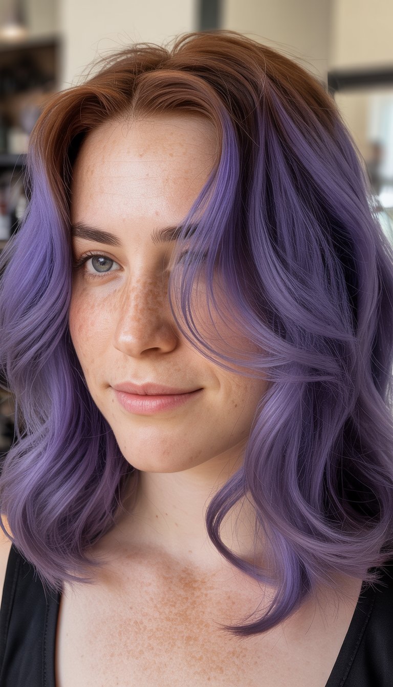 Close-up photo of a woman with shoulder-length purple hair, natural skin, and a softly blurred background.