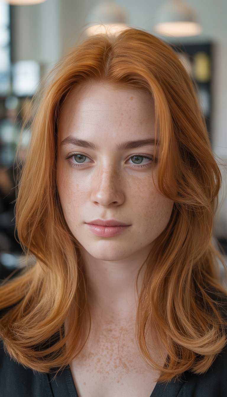 A woman with soft ginger hair and natural skin texture, photographed in natural light with a gently blurred background.