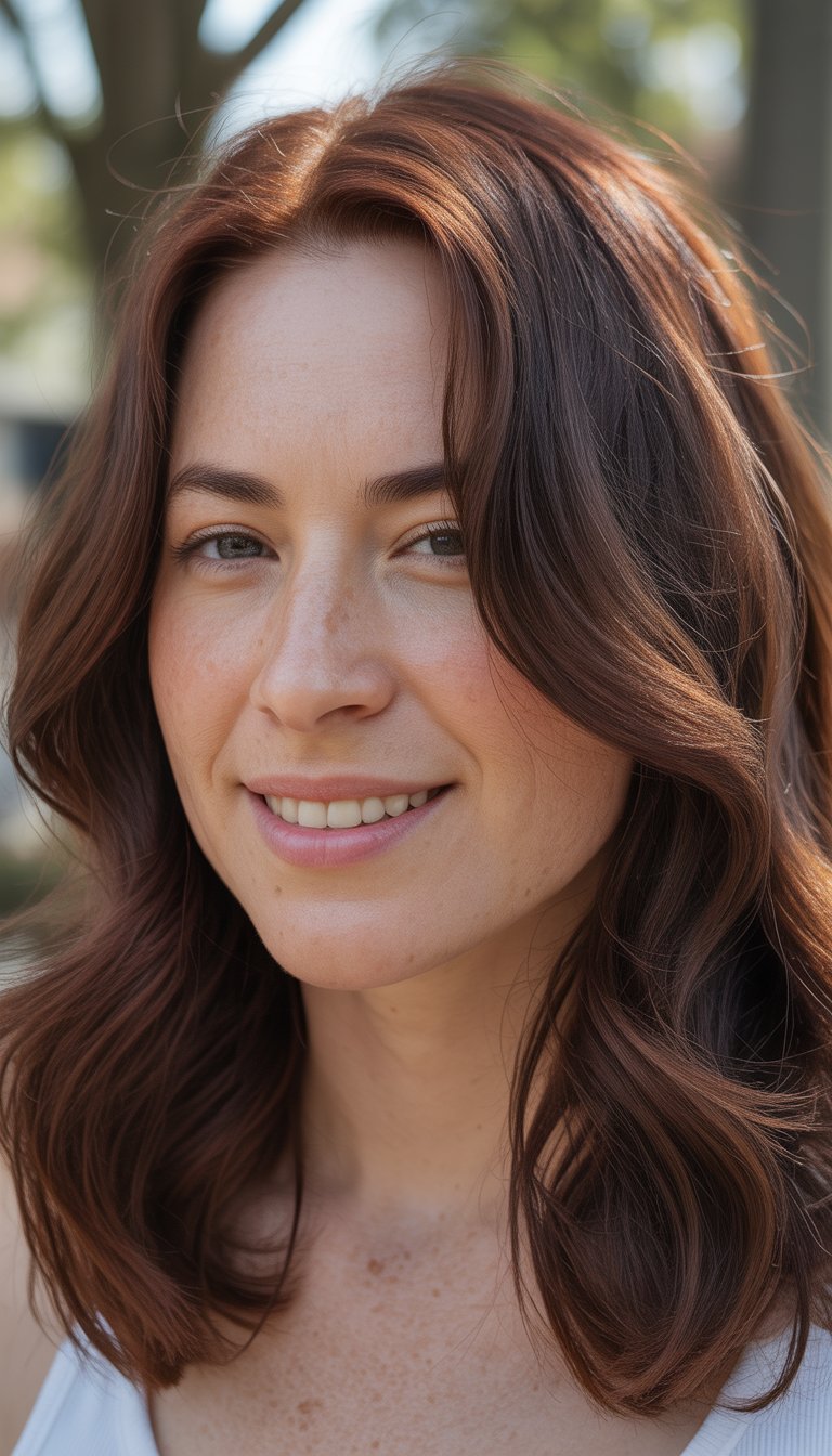 Portrait of a woman with medium-length brown and red hair, smiling softly against a blurred background.