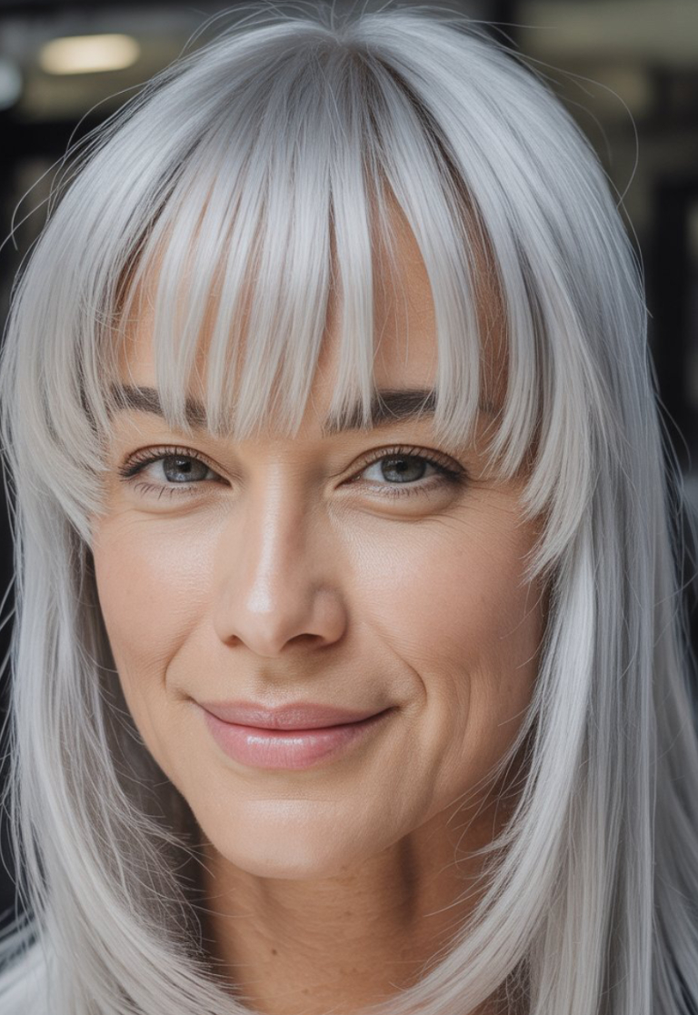 A person with long, straight silver hair and bangs, smiling gently.