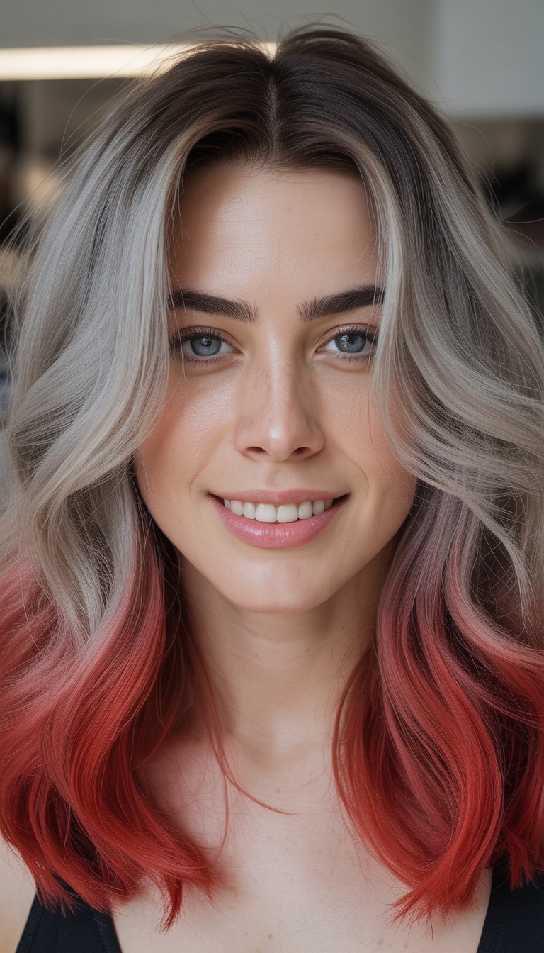 Close-up portrait of a smiling person with long, wavy hair dyed in shades of gray transitioning to red at the tips, wearing a dark top.