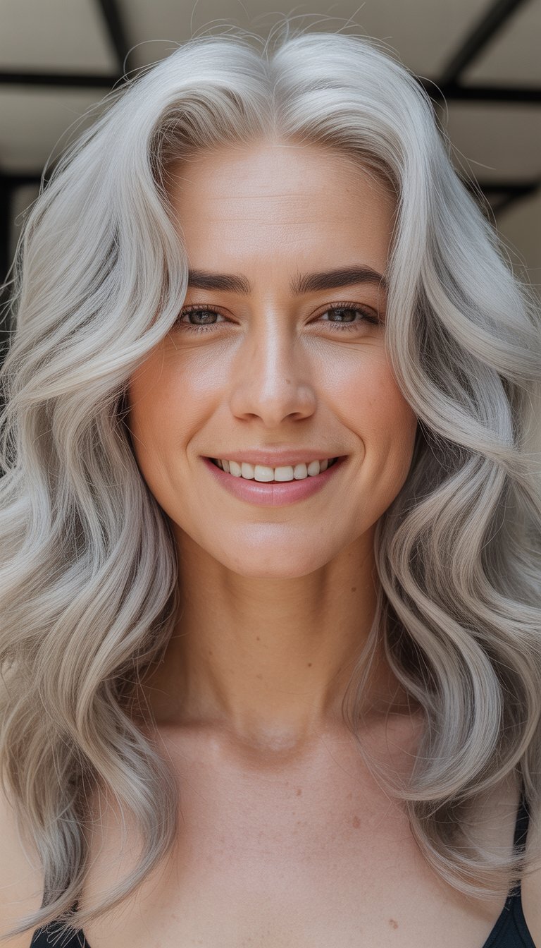 A woman with wavy silver hair smiling brightly, wearing minimal makeup and a black top, standing indoors with a light background.