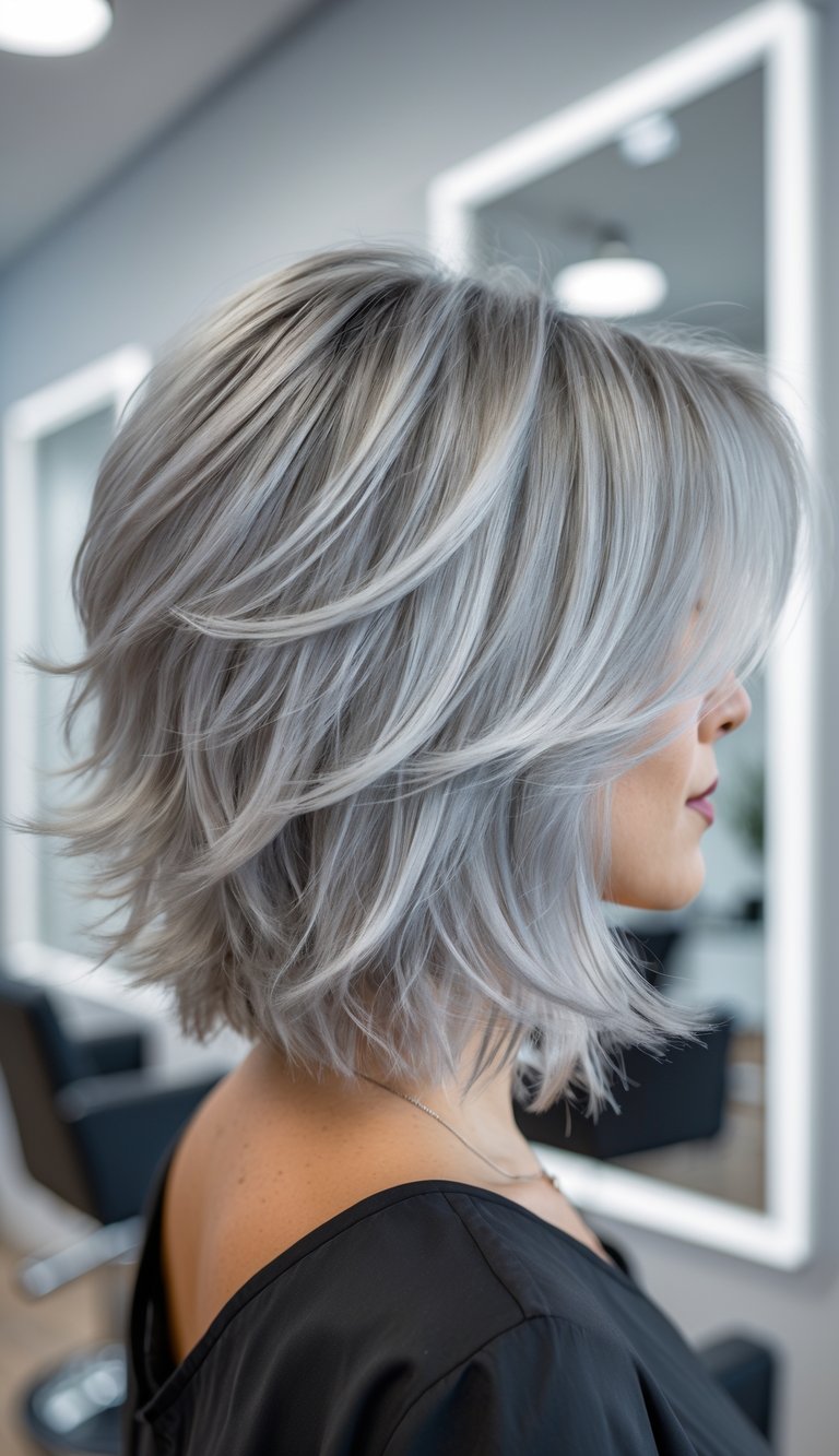 Angled back view of a person with silver-colored hair in a professional salon setting.