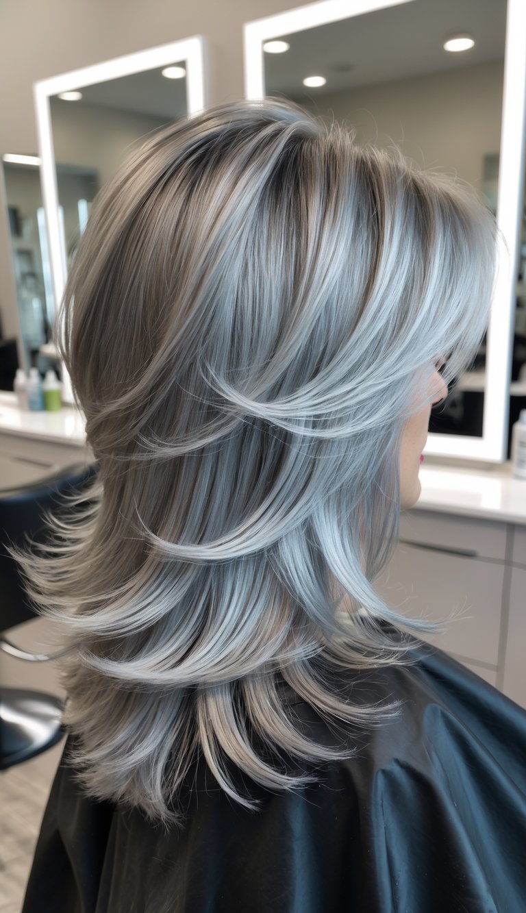 Angled back view of a person with silver layered hair in a professional salon environment.