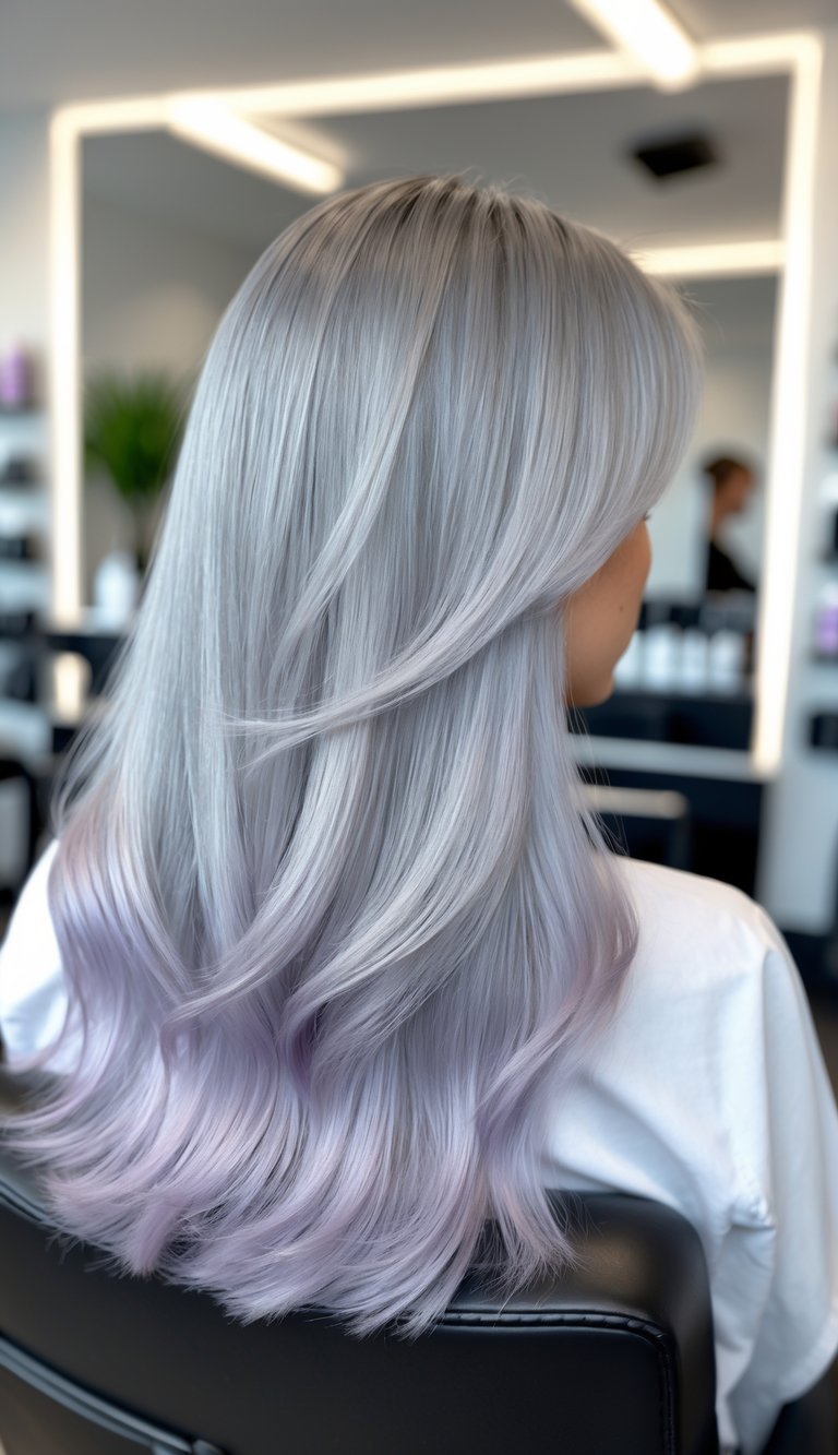 Angled back view of a person with silver hair and lavender tips sitting in a salon chair.