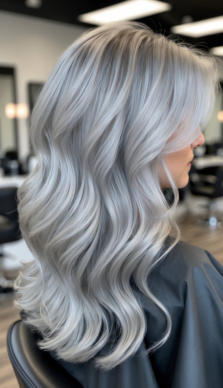 Back view of a person with wavy silver hair in a modern salon environment.