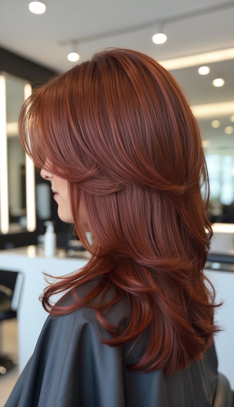 A woman’s hair viewed from an angled back perspective in a professional salon.