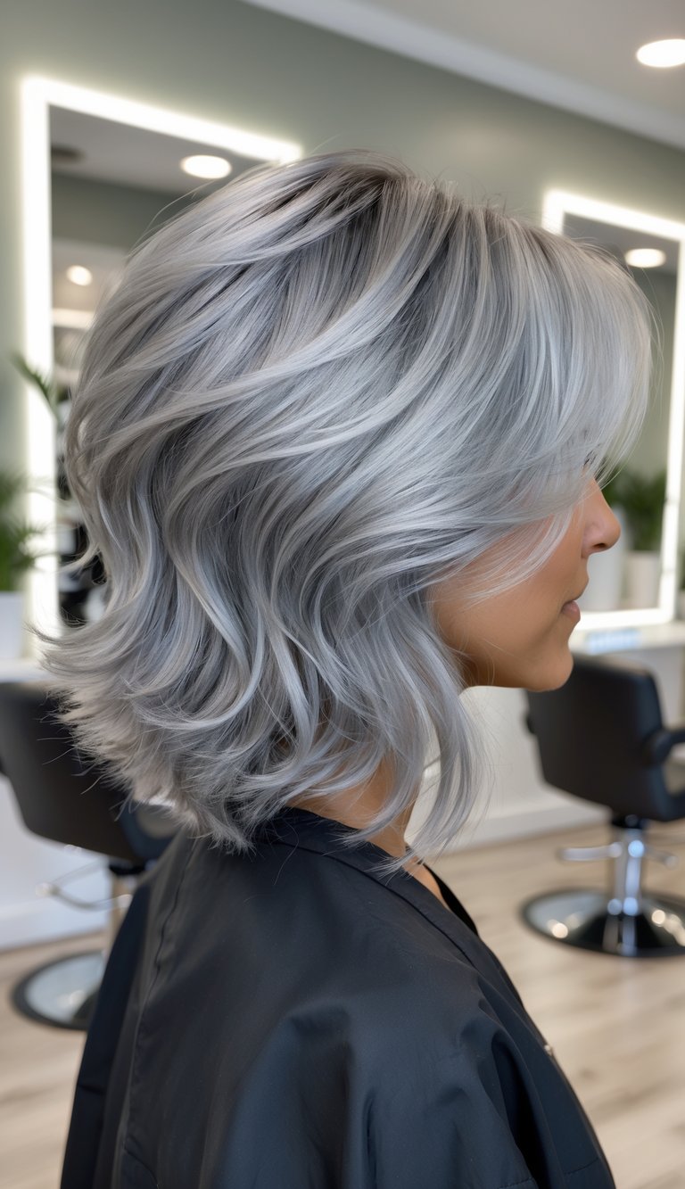 Angled back view of a person with silver hair in a professional salon setting.