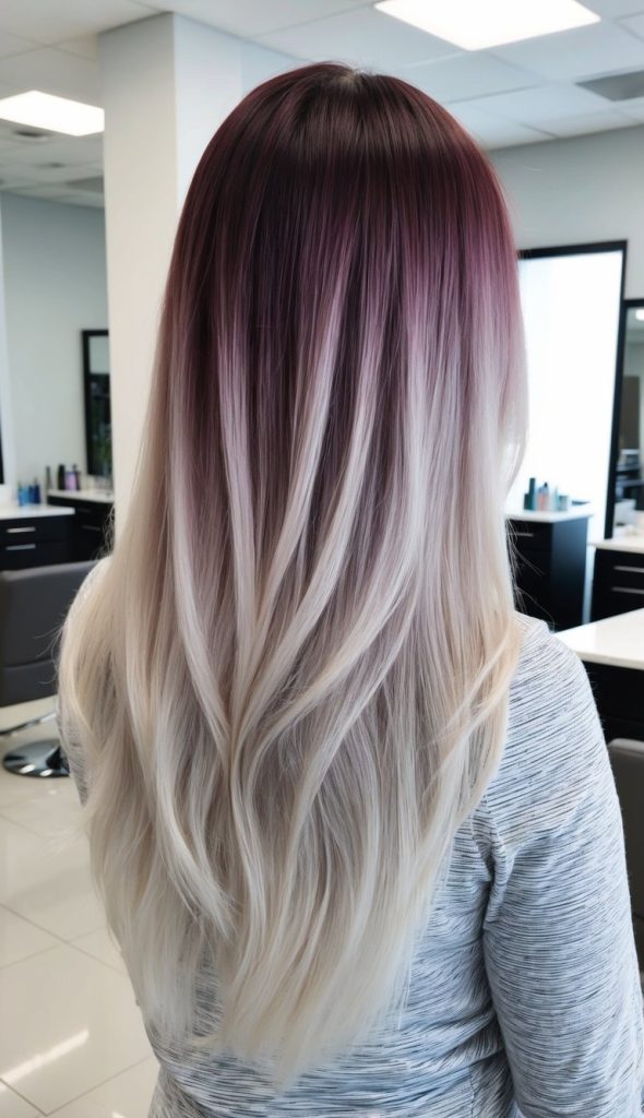 Back view of long, straight hair with a burgundy to platinum blonde ombre, inside a modern hair salon.