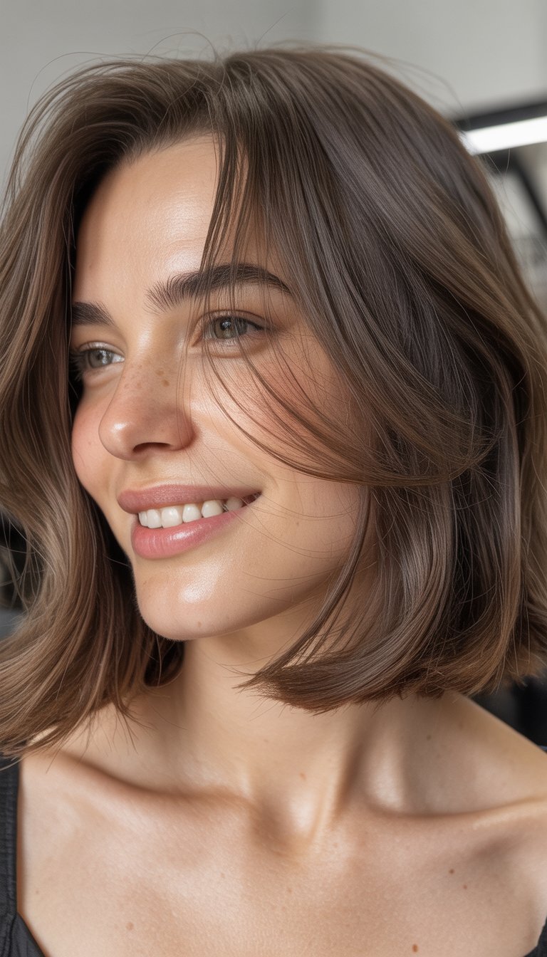 A close-up photo of a smiling woman with shoulder-length hair, looking at the camera against a blurred background.