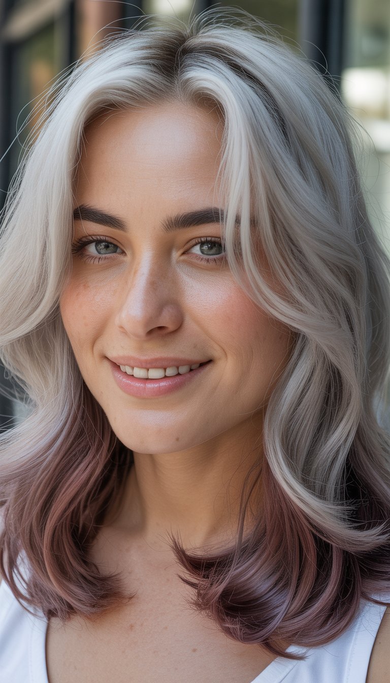 Portrait of a woman with silver and smoky mauve hair smiling naturally in soft daylight.