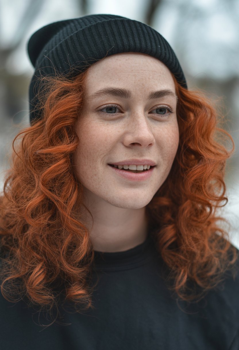 A person with curly red hair, wearing a black beanie and black shirt, smiling slightly outdoors.