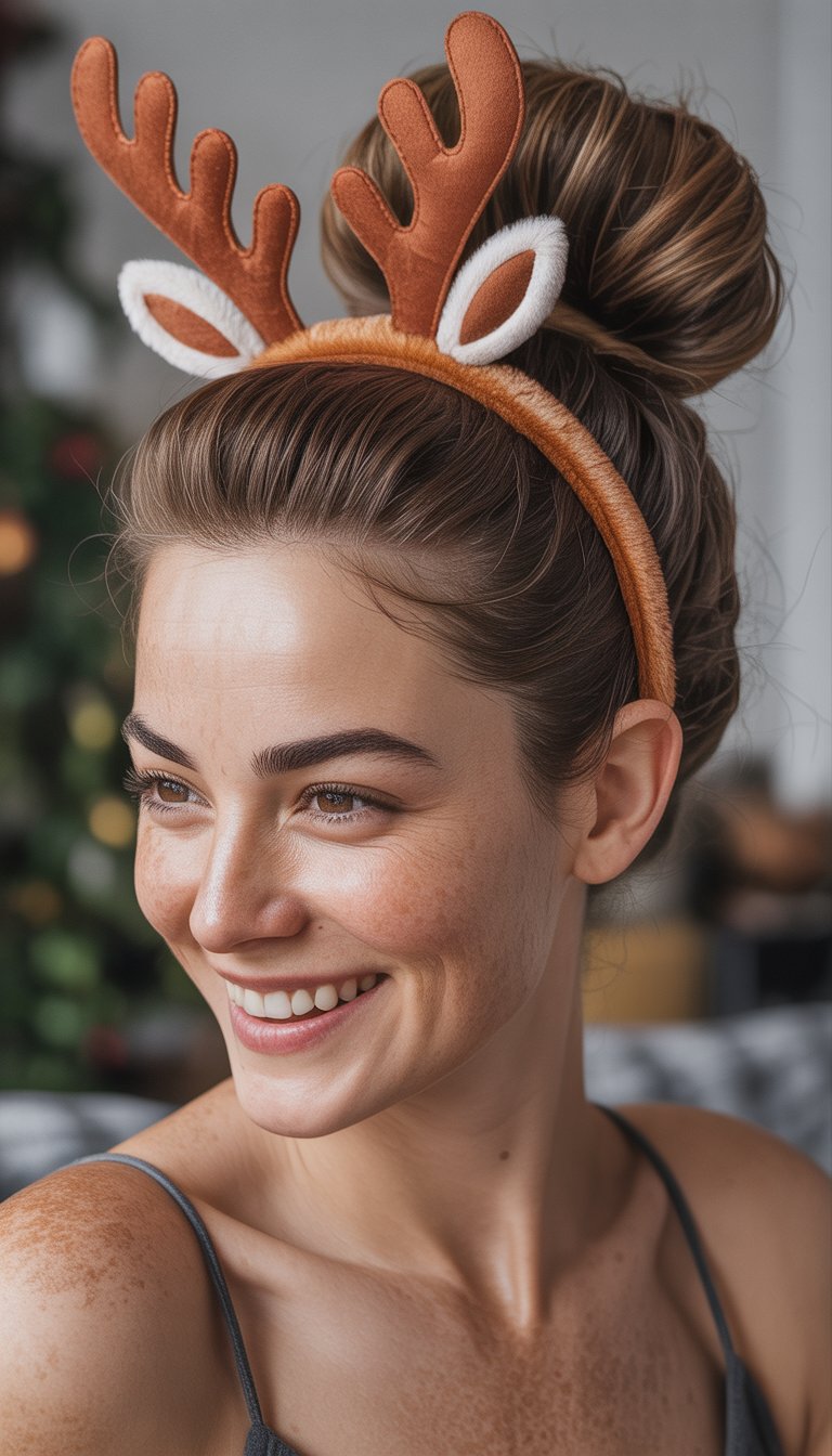 A smiling woman with freckles is wearing a headband with reindeer antlers and ears, her hair styled in a bun, with a blurred holiday background.