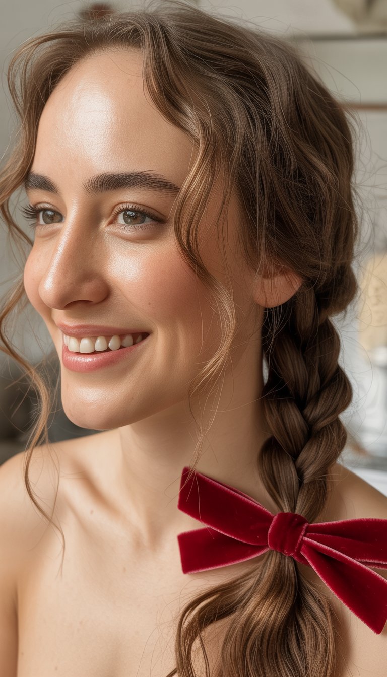 A woman with long brown hair in a braided hairstyle, secured with a red velvet bow, smiling and looking to the side, set against a blurred indoor background.