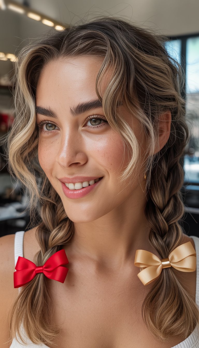 A woman with wavy hair styled in two braids, adorned with a red bow on one side and a gold bow on the other, smiling in a well-lit environment.