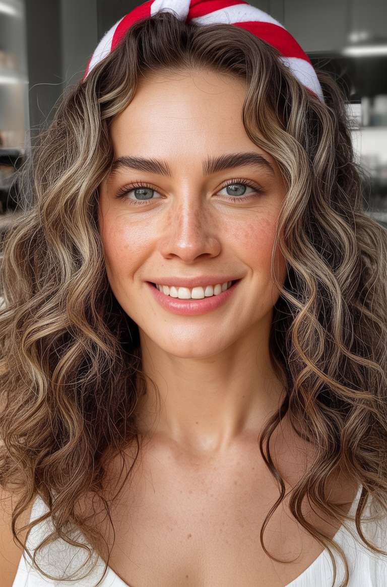 A woman with wavy hair wearing a red and white headband, smiling indoors.