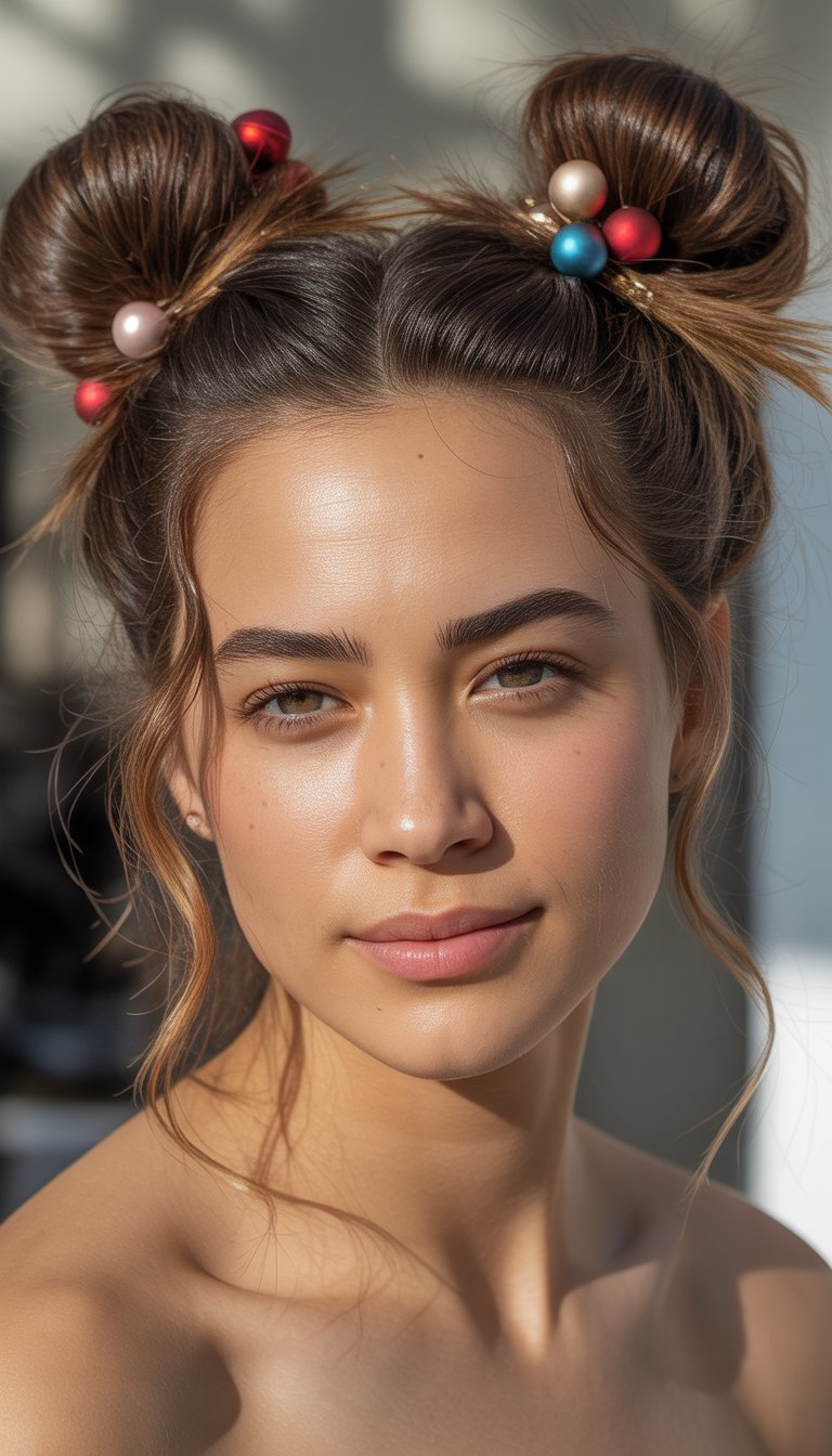A woman with brown hair styled in two bun hairstyles decorated with colorful beads, standing indoors with natural light illuminating her face.