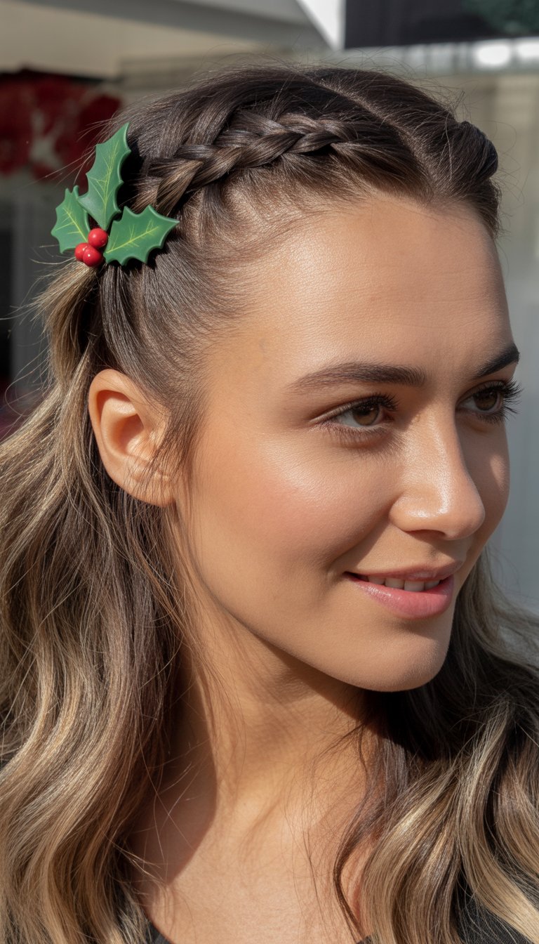 Close-up of a woman with a braided hairstyle adorned with a holiday-themed hairpin featuring holly leaves and red berries.