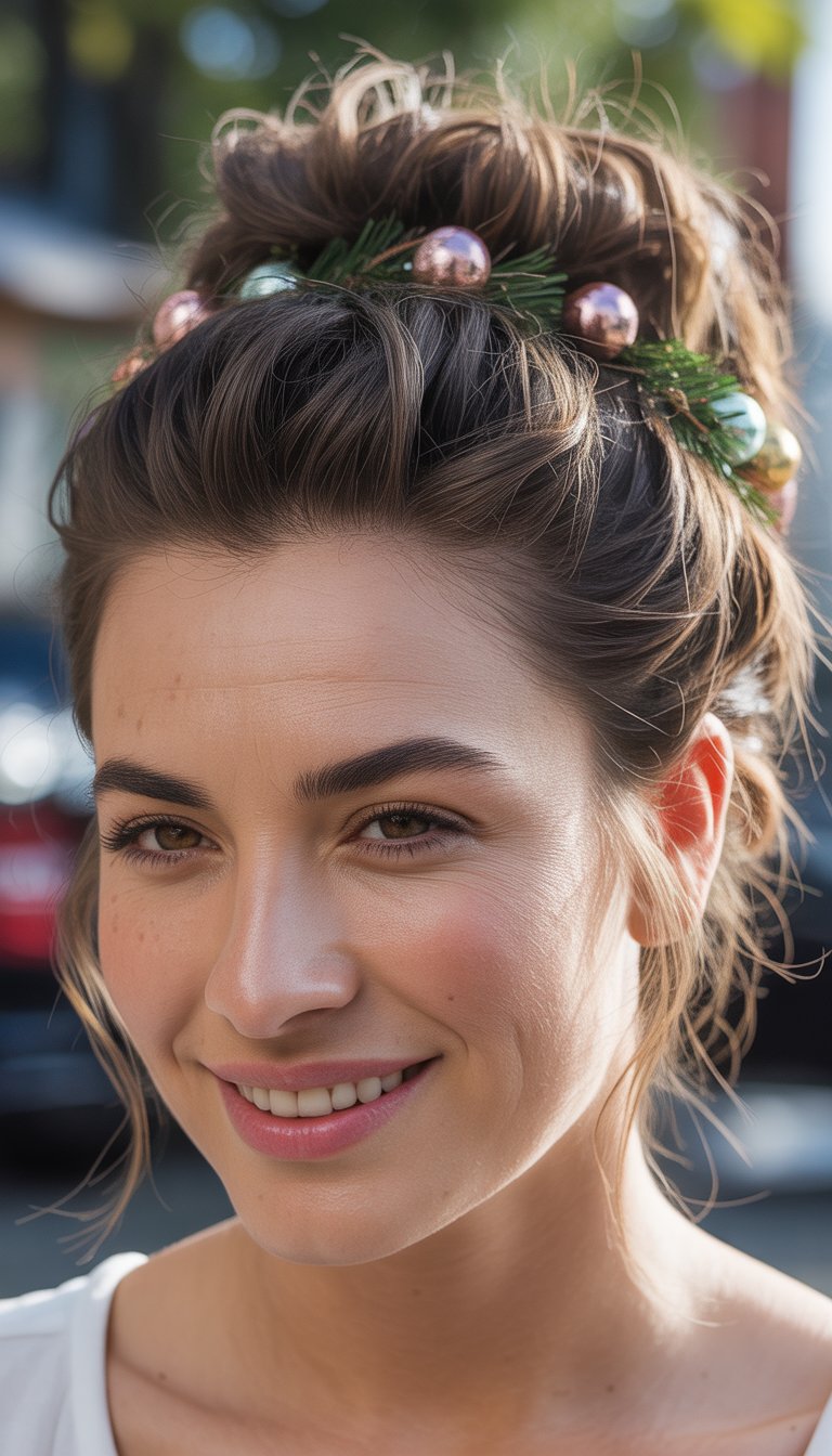 Smiling woman with an elaborate updo adorned with small Christmas ornaments and greenery, outdoors.