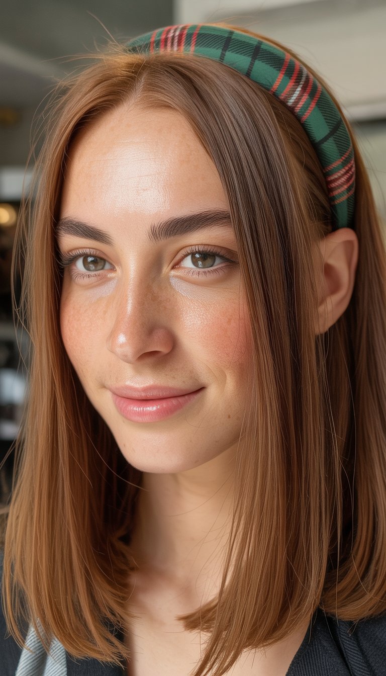 A woman with brown hair, wearing a green plaid headband, smiles at the camera.