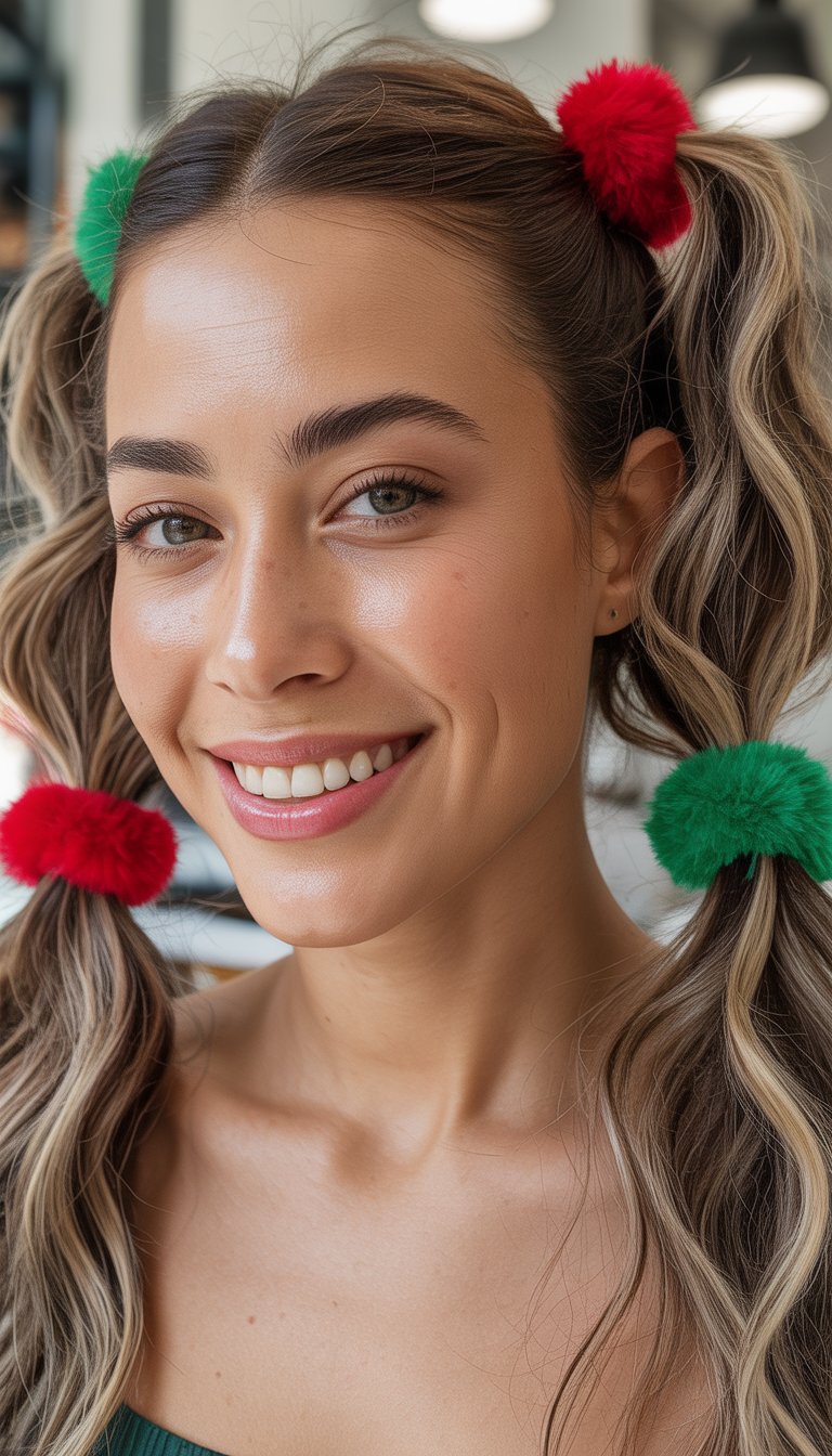 A smiling woman with long wavy hair styled in pigtails adorned with red and green pom-pom hair ties, wearing a green top.