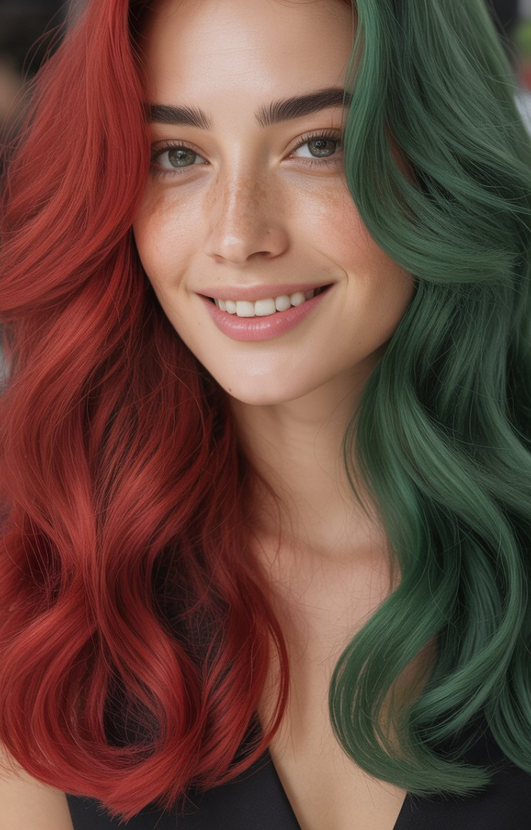 A person with long, wavy hair dyed in two colors, red and green, smiles at the camera.
