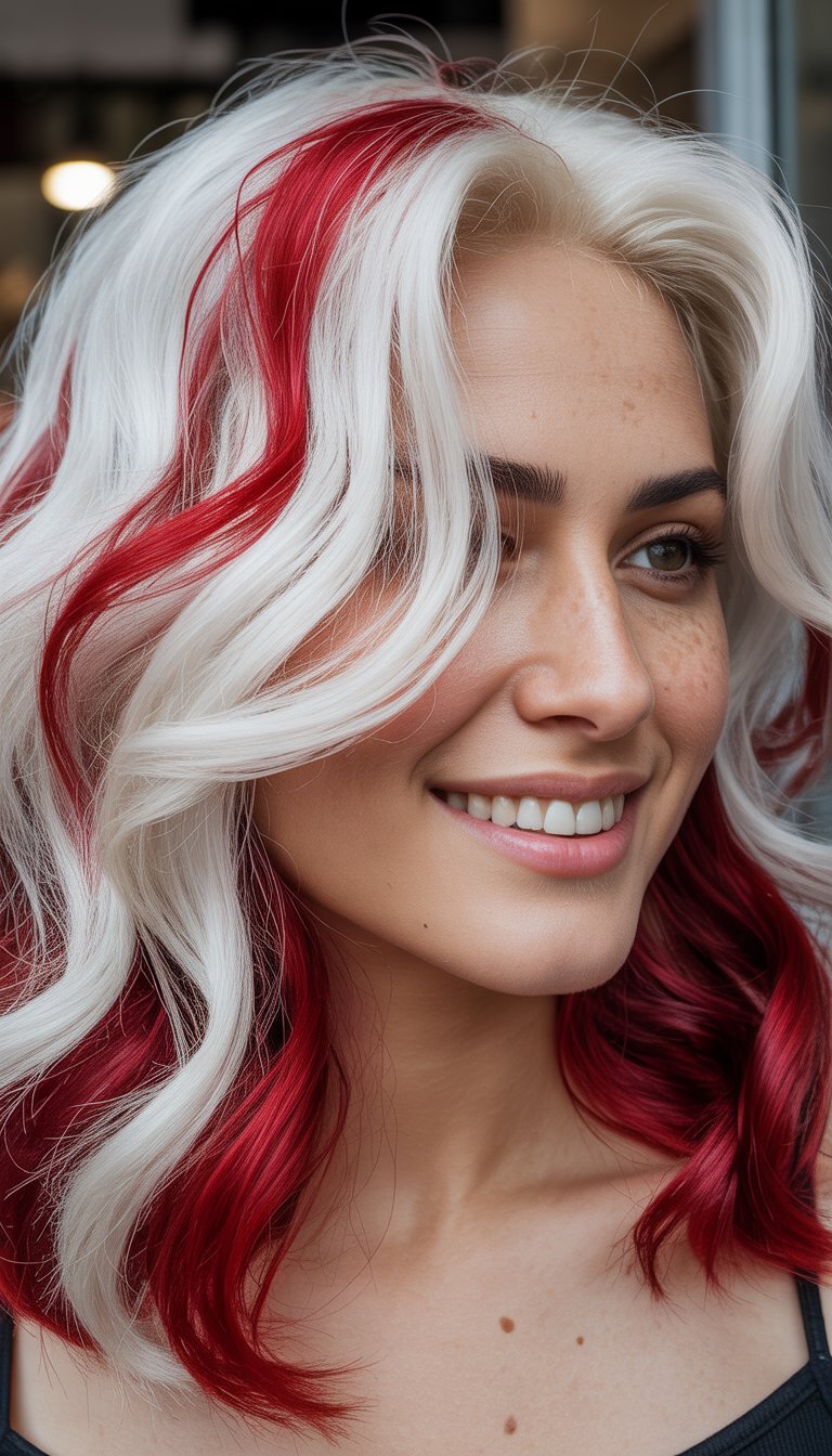 A person with vibrant red and white wavy hair smiling softly, displaying freckles across their cheeks, wearing a black top.