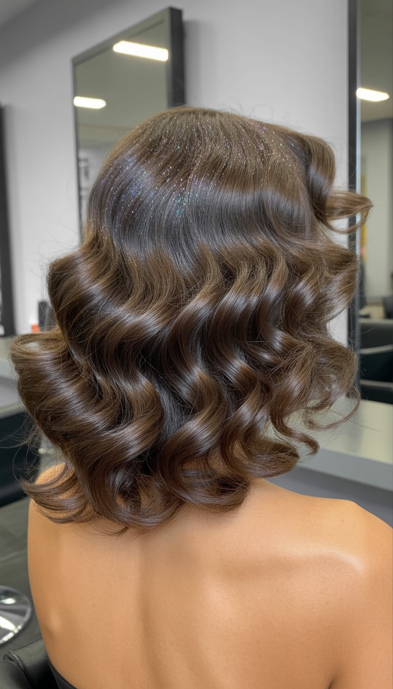 Back view of a person with glossy brown hair styled in loose curls and sprinkled with subtle glitter, indoors at a salon.