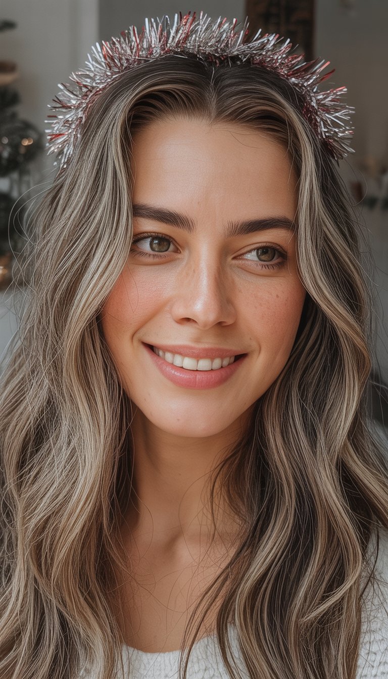 A woman with wavy hair wearing a tinsel headband, smiling and looking to the side.