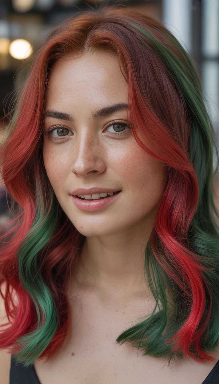 A smiling person with wavy, two-toned hair dyed in red and green, looking directly at the camera.