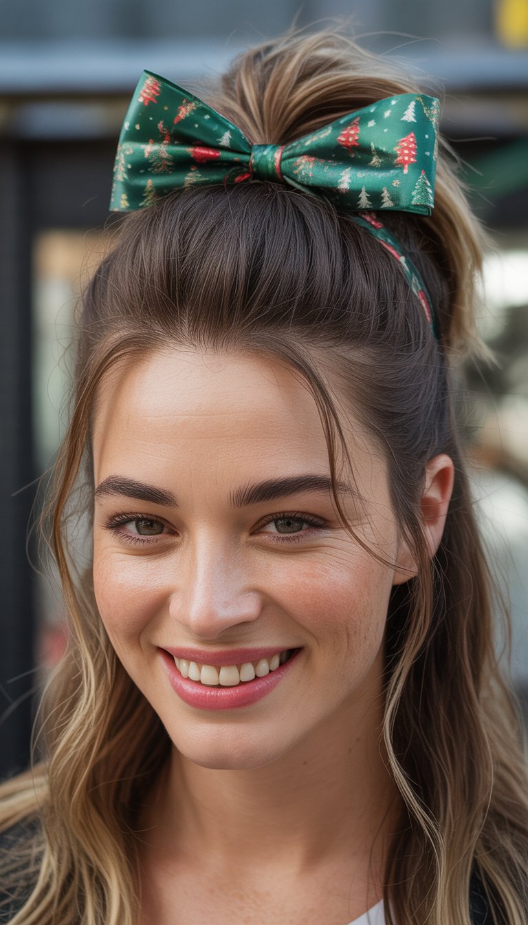 A woman with long hair wearing a green bow with red and white Christmas tree patterns.