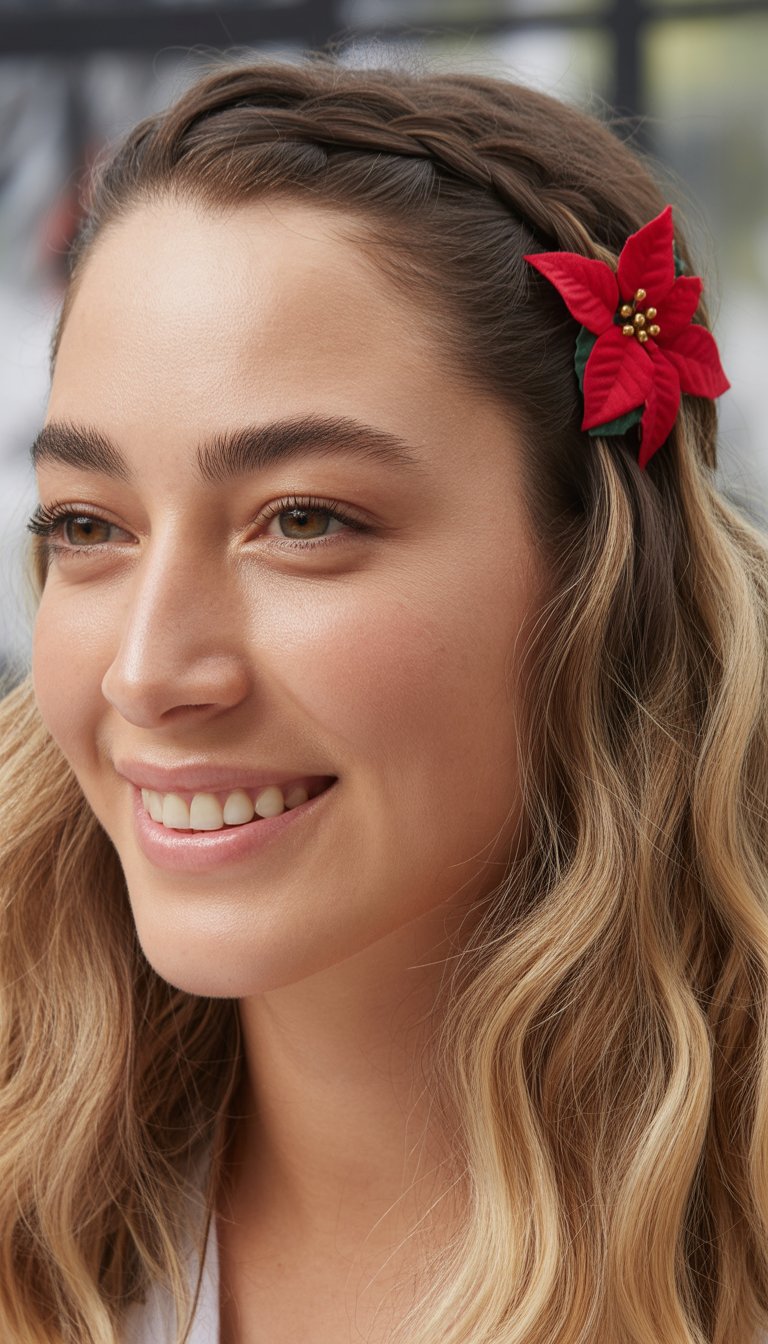 A woman with wavy blonde hair is smiling, wearing a red poinsettia hair accessory and a braided headband.