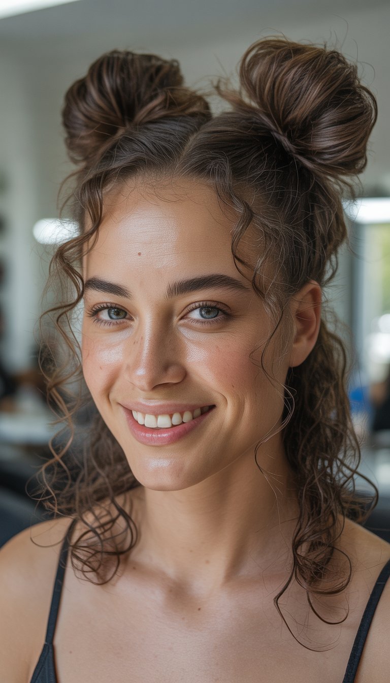 A woman with curly hair styled in two top buns smiles while posing indoors, wearing a sleeveless top.