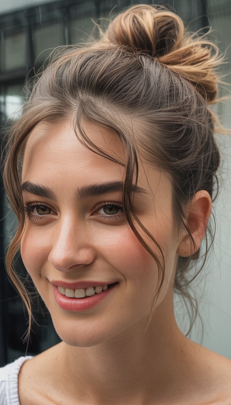 Close-up of a person with light brown hair in a messy bun, smiling, with loose strands framing the face.