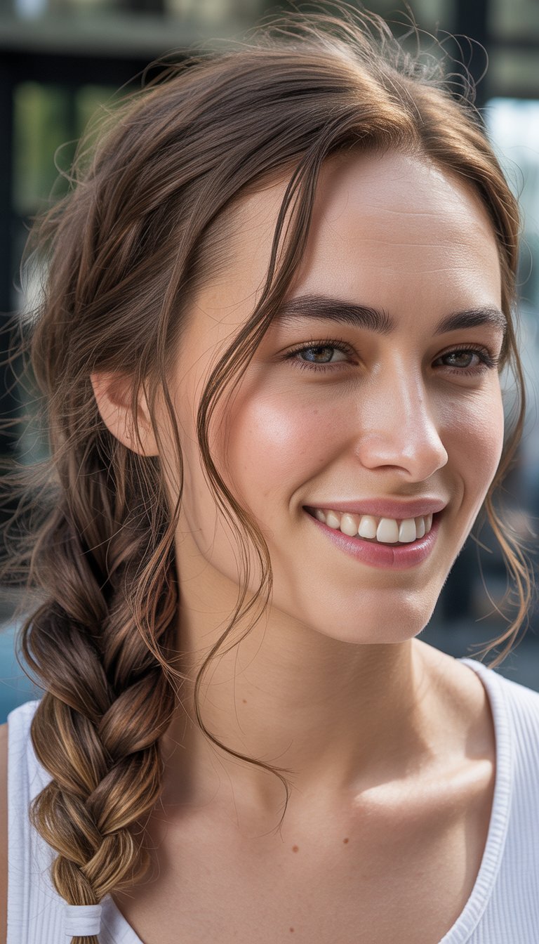 A woman with long brown hair styled in a braid, smiling, wearing a white top.