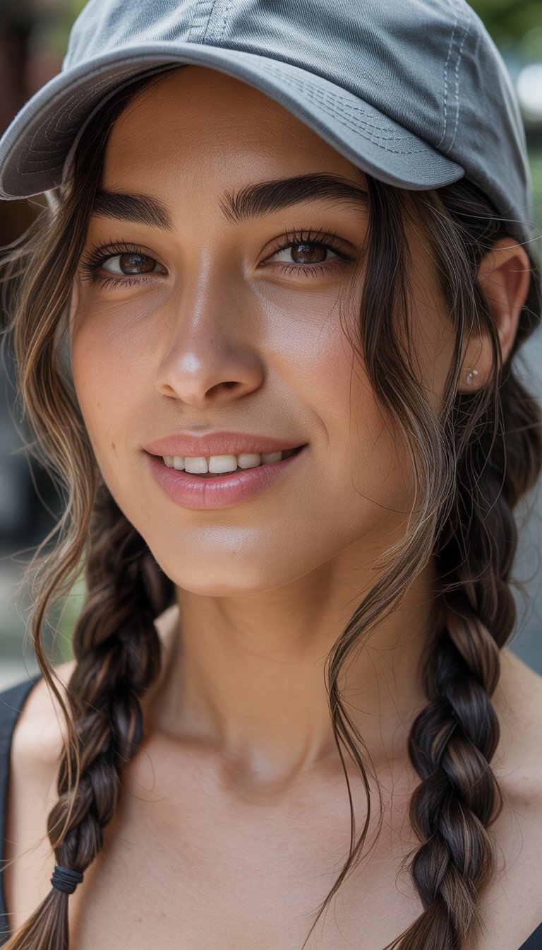 A woman wearing a gray baseball cap with braided hair looks at the camera, smiling slightly.