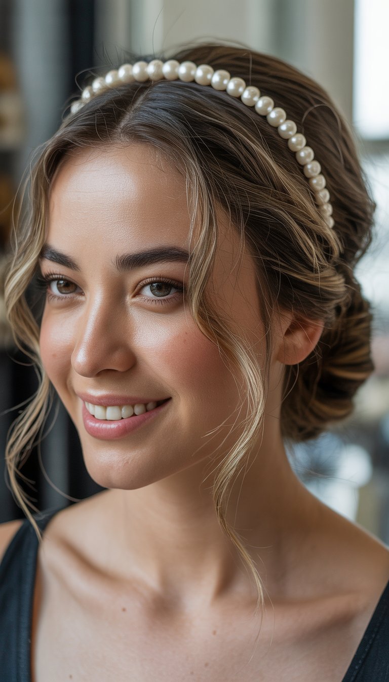 A woman smiling while wearing a pearl headband and with her hair styled in a low bun.