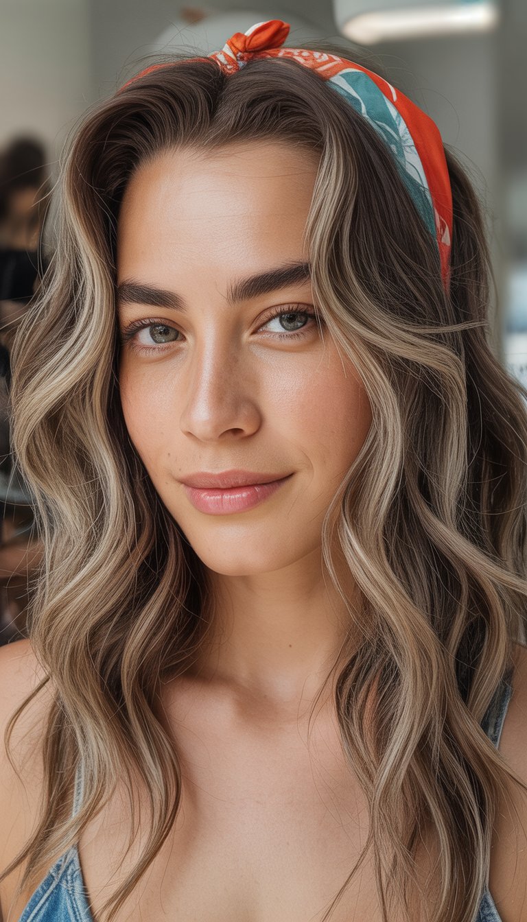 A woman with long wavy hair and a red patterned headband smiles subtly, standing in a softly lit indoor setting.