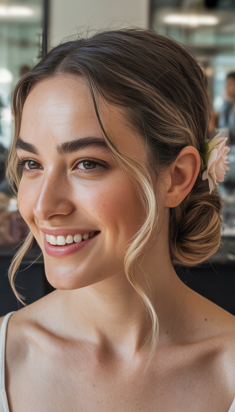 A woman with brown hair styled in a low bun adorned with a flower, smiling and looking to the side.