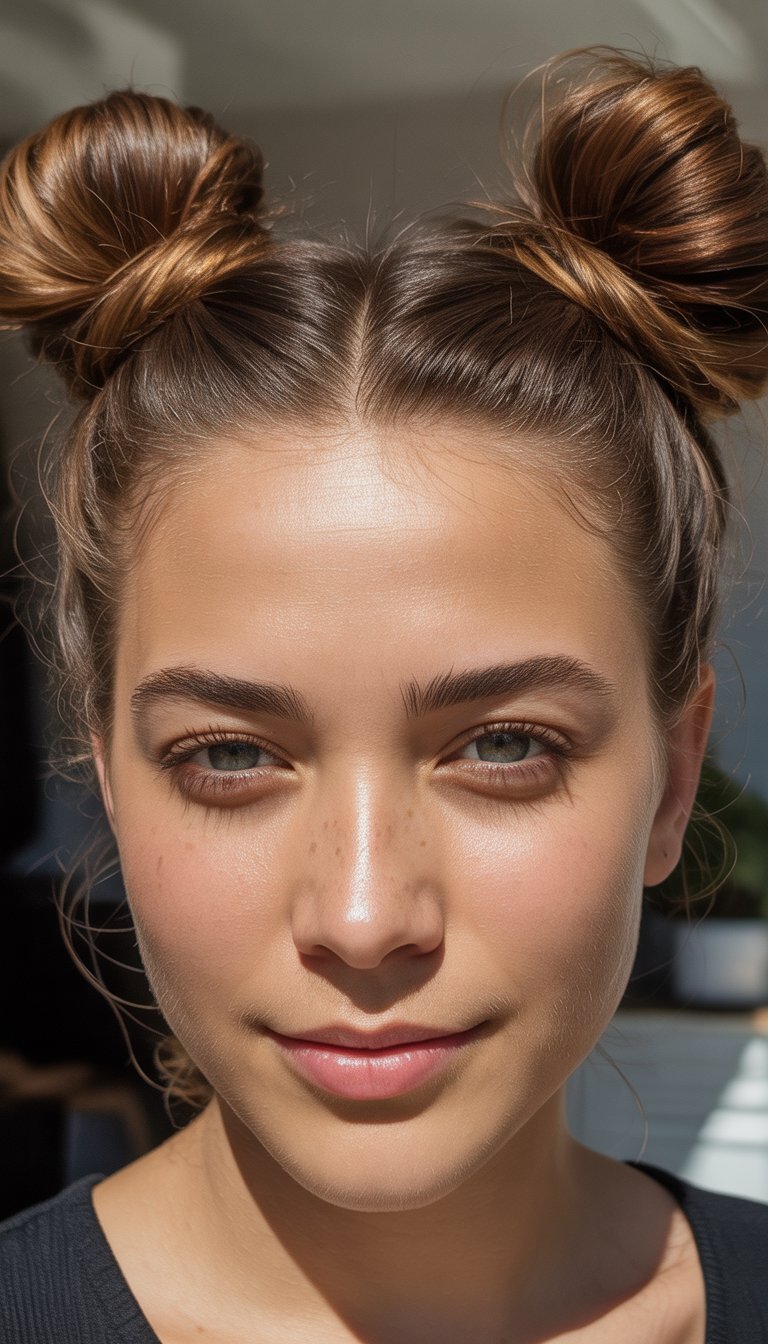 A person with two high buns and smooth skin, wearing a black top, looking directly at the camera with a neutral expression.