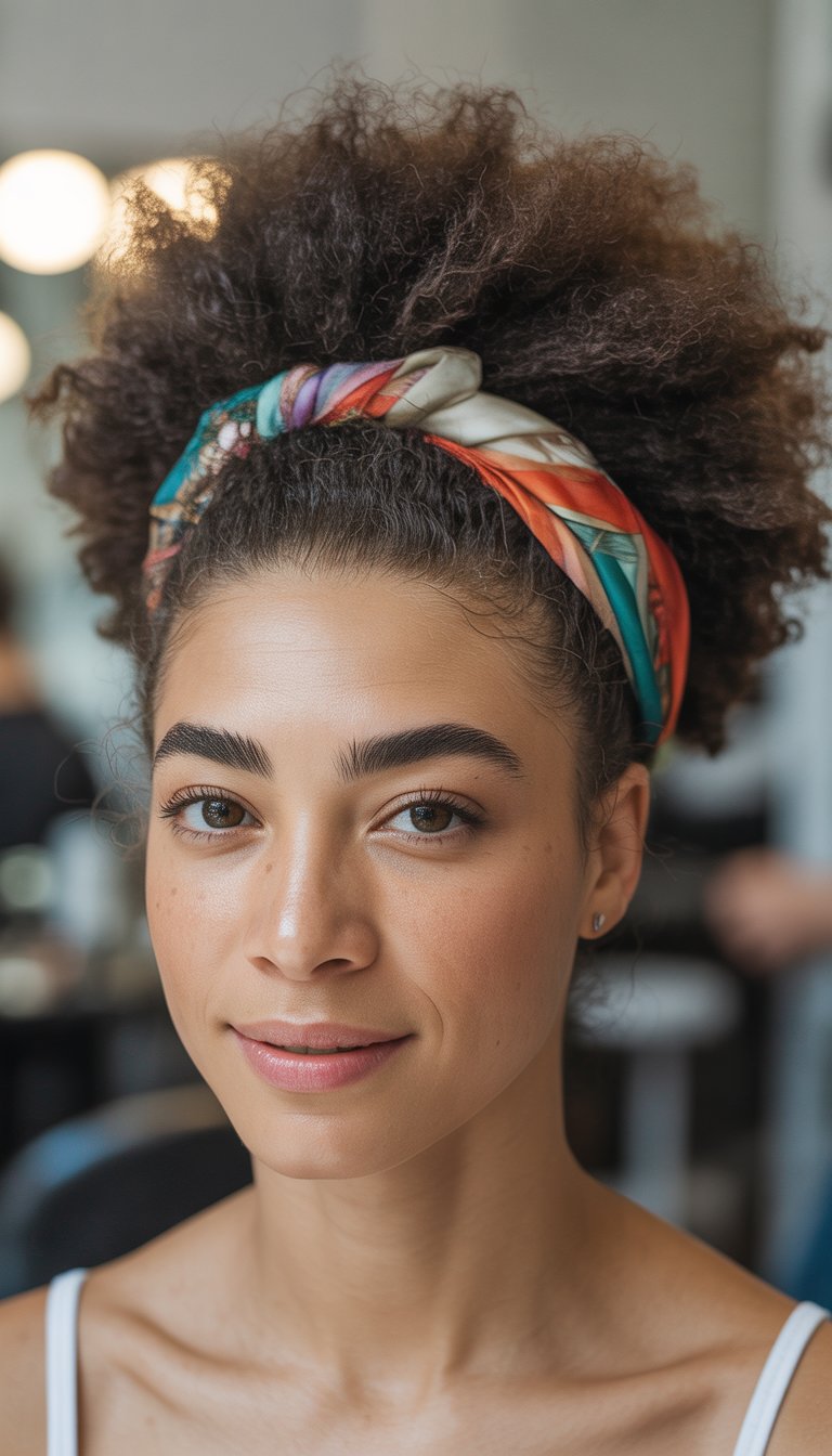 A person with curly hair styled in a voluminous afro and wearing a colorful headscarf, looking directly at the camera with a slight smile.