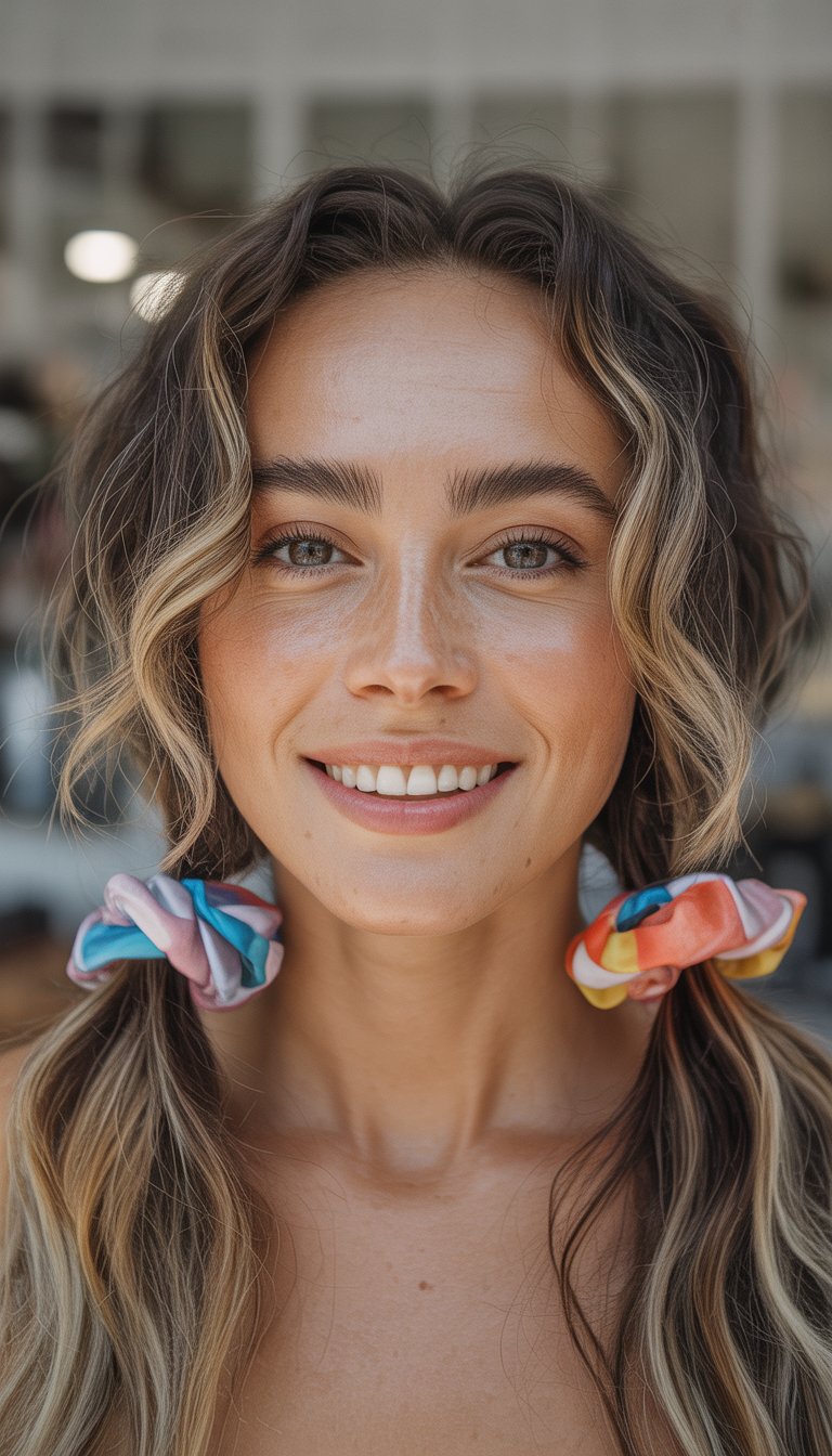 A smiling person with light brown, wavy hair styled in low pigtails, held by colorful scrunchies, looking directly at the camera.