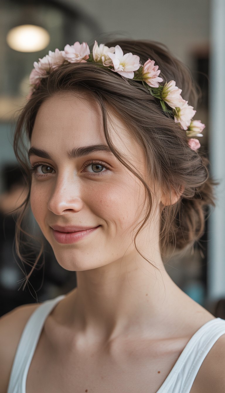 A woman with brown hair smiles softly, wearing a pink flower crown and a white sleeveless top.